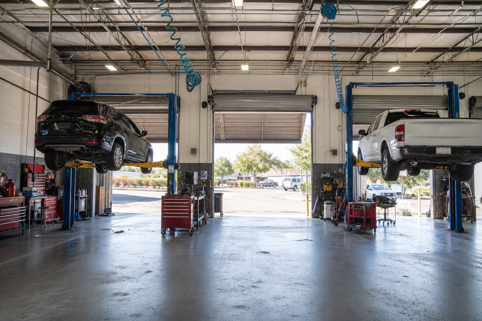 Service bays with vehicles on lifts inside an independent auto repair shop